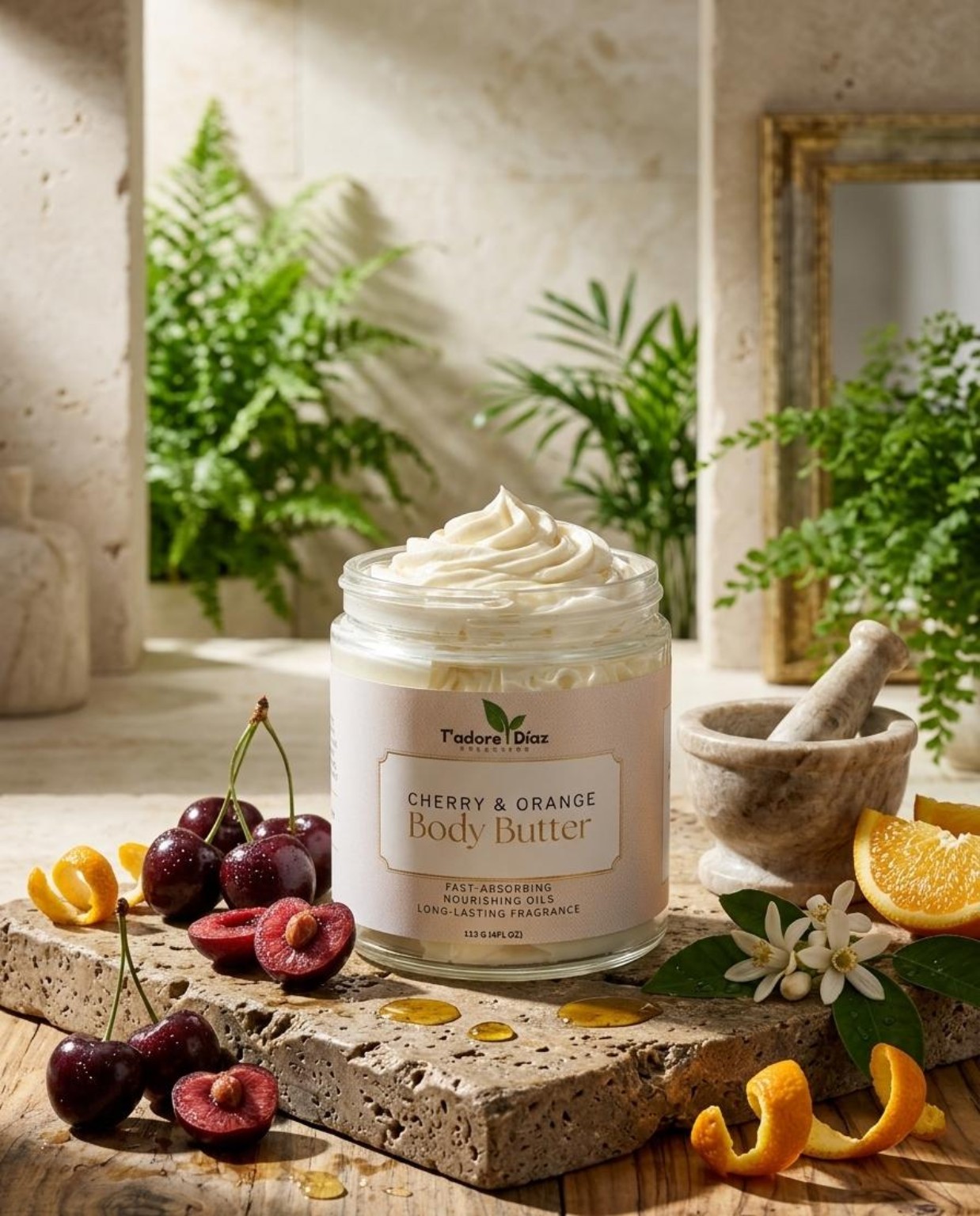 Cherry and Orange Body Butter displayed with fruit