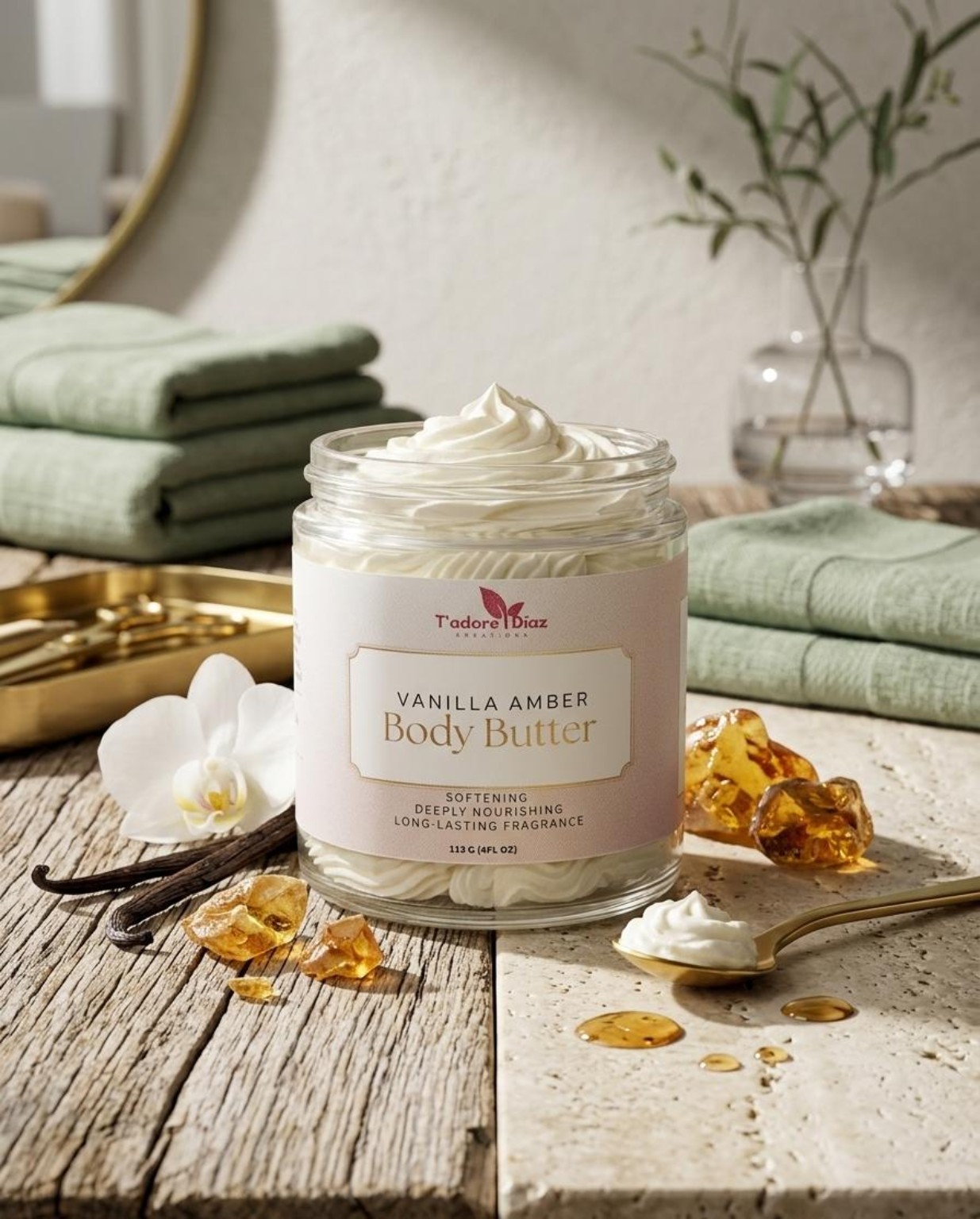 Vanilla Amber Body Butter in a softly lit setting
